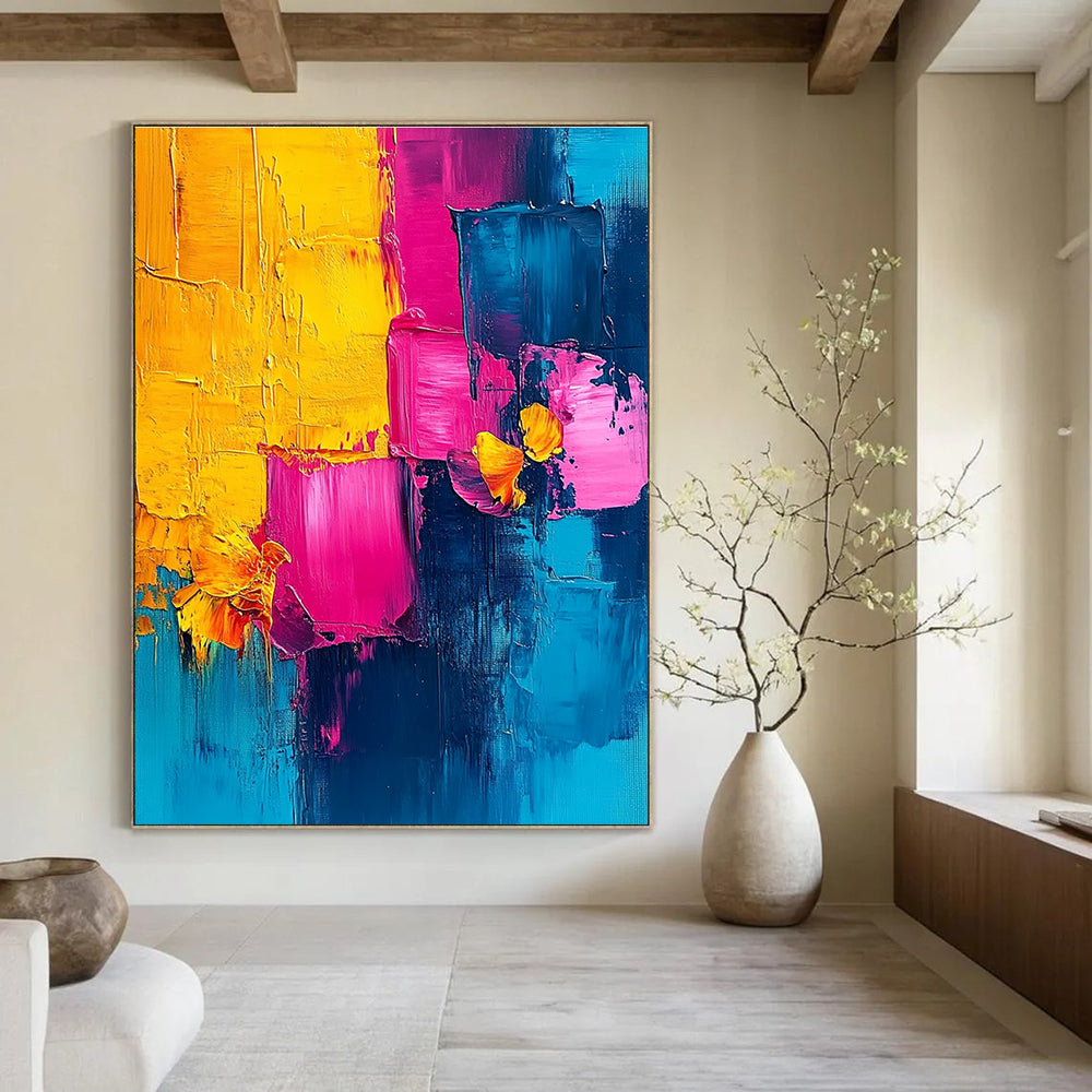 Vibrant abstract painting with pink blue yellow and teal using palette knife technique perfect for enhancing any space.STSC495