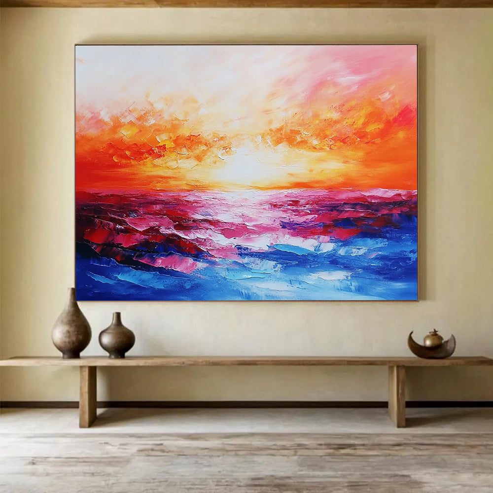 Abstract landscape painting capturing a vibrant sea at sunset with rich reds, oranges, pinks, and blues, expertly created using a palette knife technique.SC074