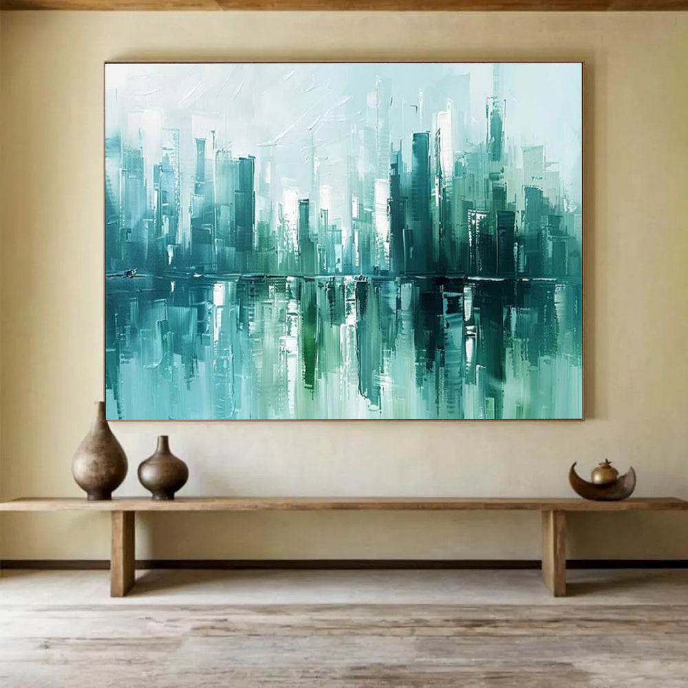 Cityscape Reflection Abstract Painting with Teal and Turquoise Hues THY275