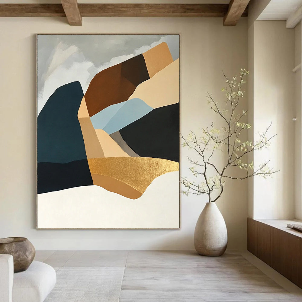 Large abstract painting showcasing Art Deco shapes in light blue and gold on a white background featuring elegant curves and balanced elegance in composition.STSC697