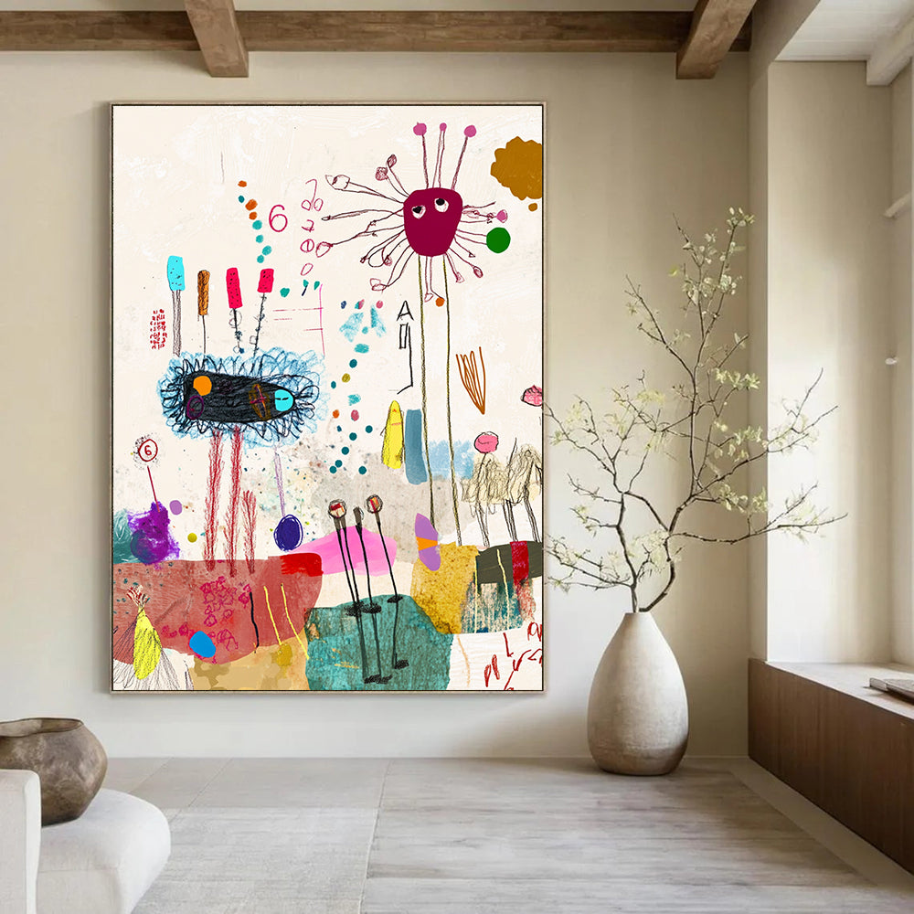A large abstract painting featuring whimsical shapes and lines, soft pastels, and nature-inspired collages with a dynamic dancing group highlighted by the number six.STSC971