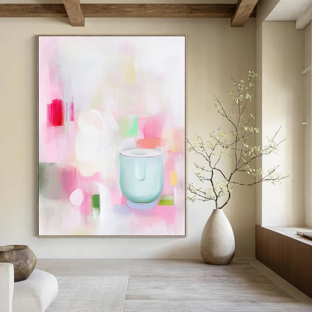 A soft abstract painting in pink and white shapes with green and red hints featuring a minimalist light blue glass blender conveying calmness and simplicity.STSC1200