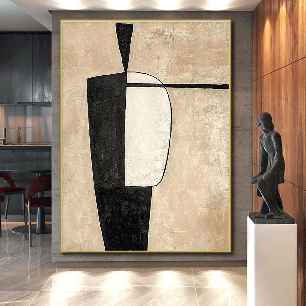 Beige and Black Abstract Painting with Minimalist Shapes GER142