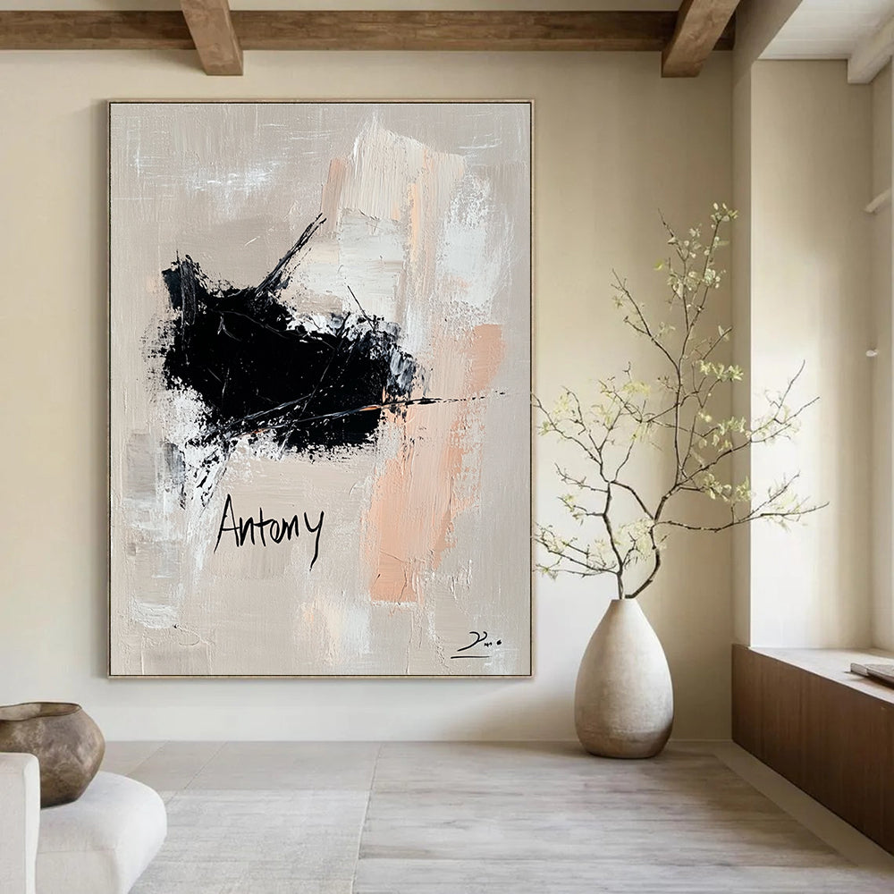 Large abstract oil painting features a black and white impasto cat with neutral tone text on a soft gray background, exuding modern elegance.STSC1088