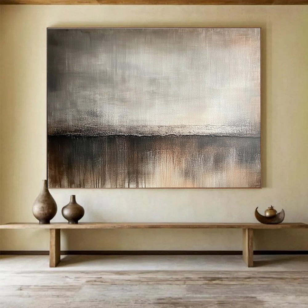 Large abstract painting featuring a muted gray and brown gradient background with soft brush strokes resembling vintage wood textures.SC534