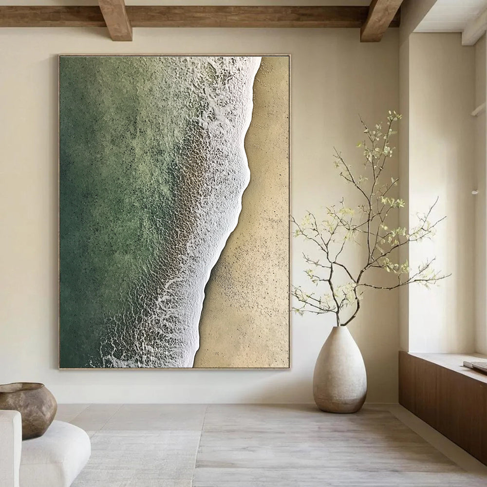 Large abstract painting of soft textured sand meeting green and white water from an aerial view, evoking serenity and natural beauty.STSC1159