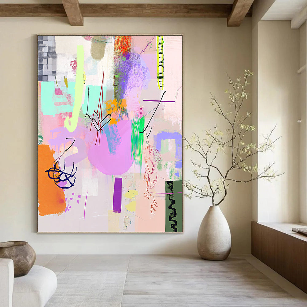 A large abstract painting featuring light pink purple and green shapes with line art and textures in a playful collage-inspired style.STSC1042