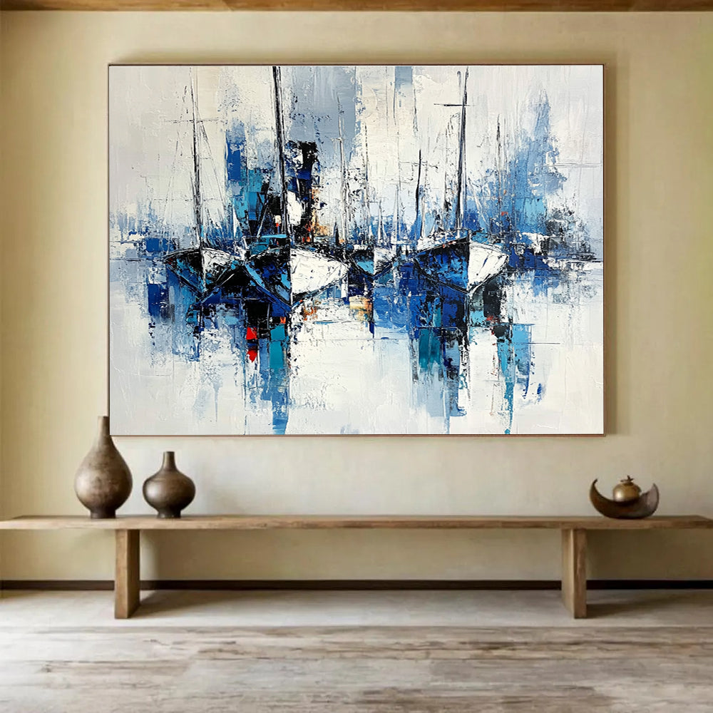 Abstract Boats Blue and White Impressionistic Painting with Textured Brushstrokes DYP191