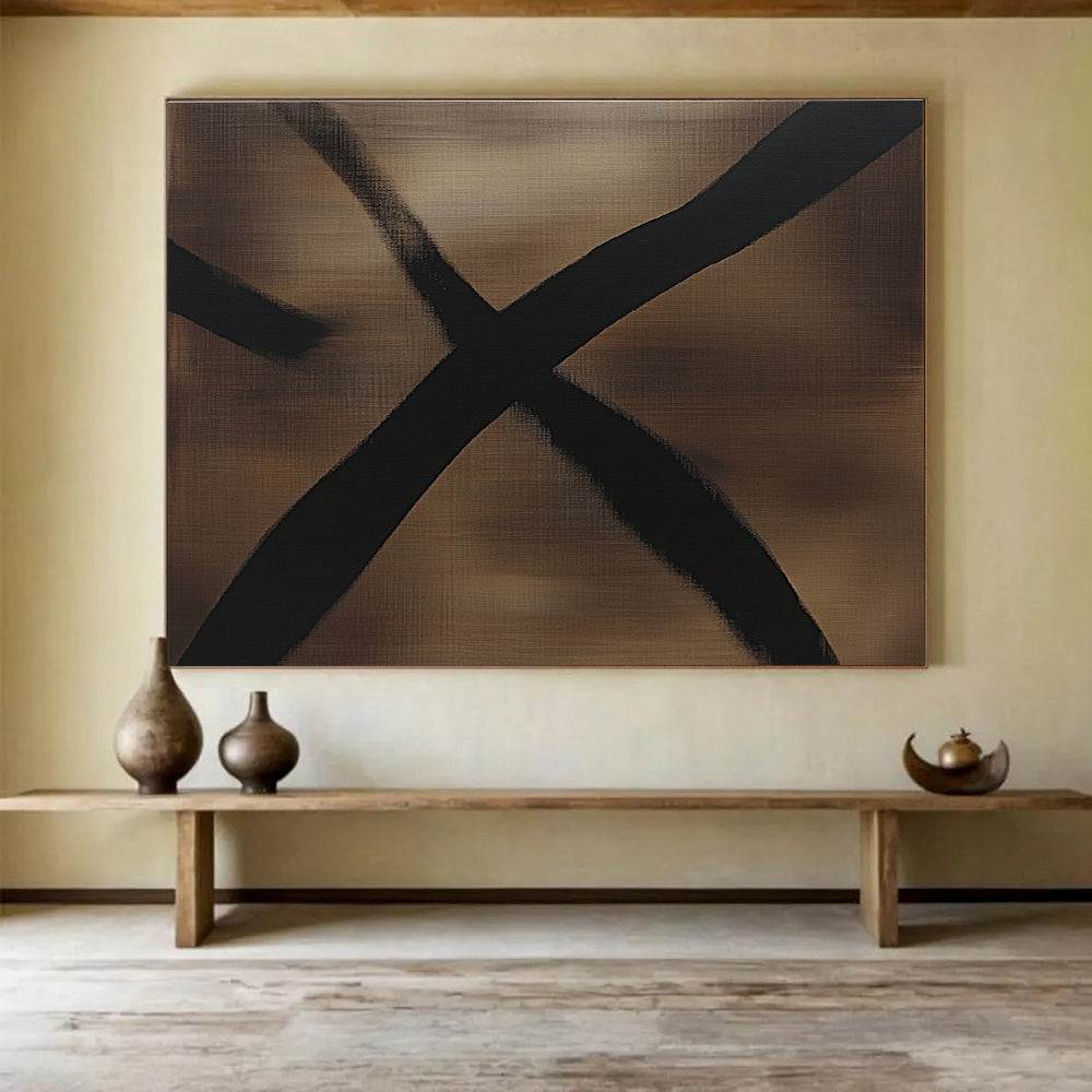 An abstract painting featuring dark brown and black lines with dragonfly wing shadows, minimalist style, monochromatic color scheme, oil painting effect.SC349