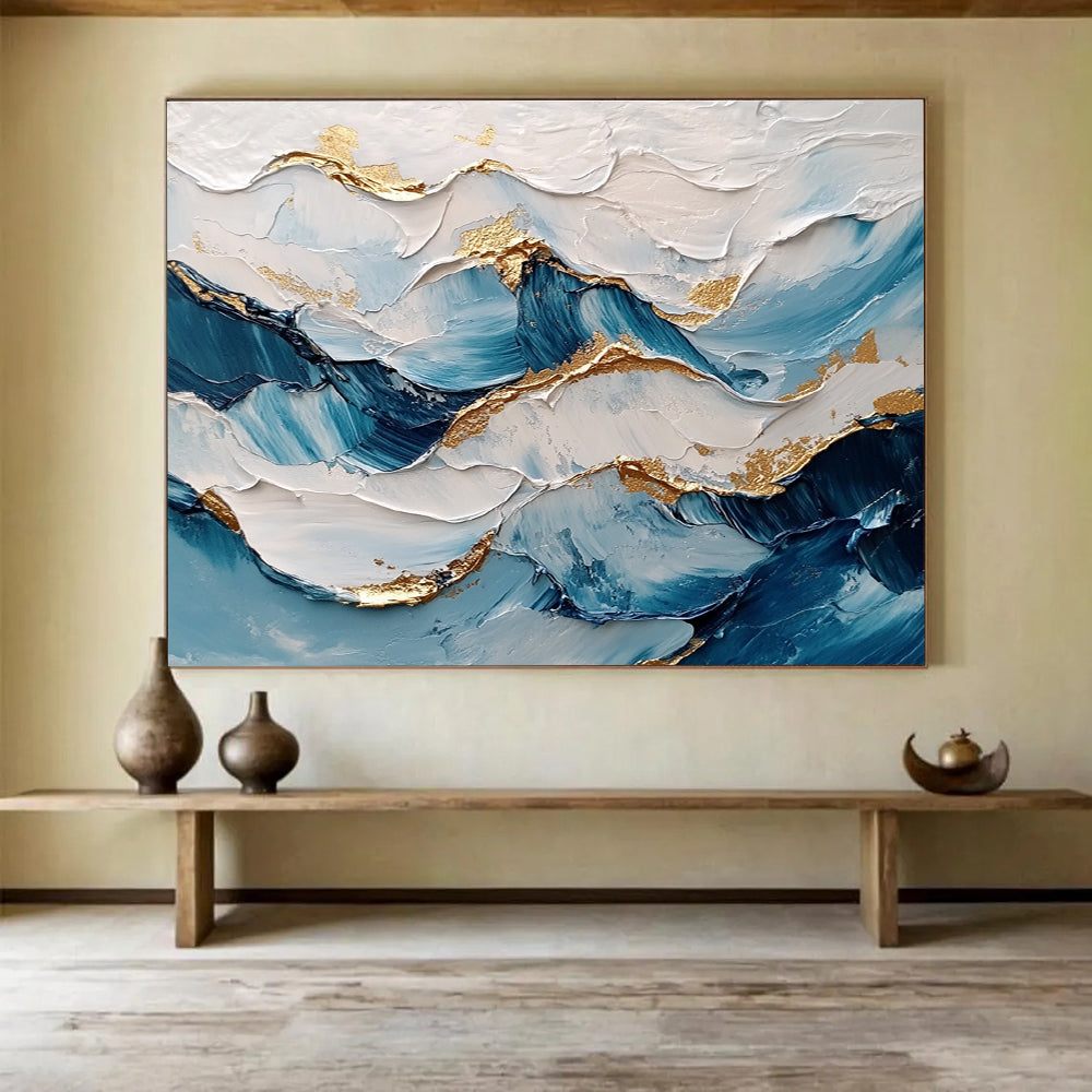 Wave - like Blue White Gold Abstract Painting with Metallic Accents DYP261