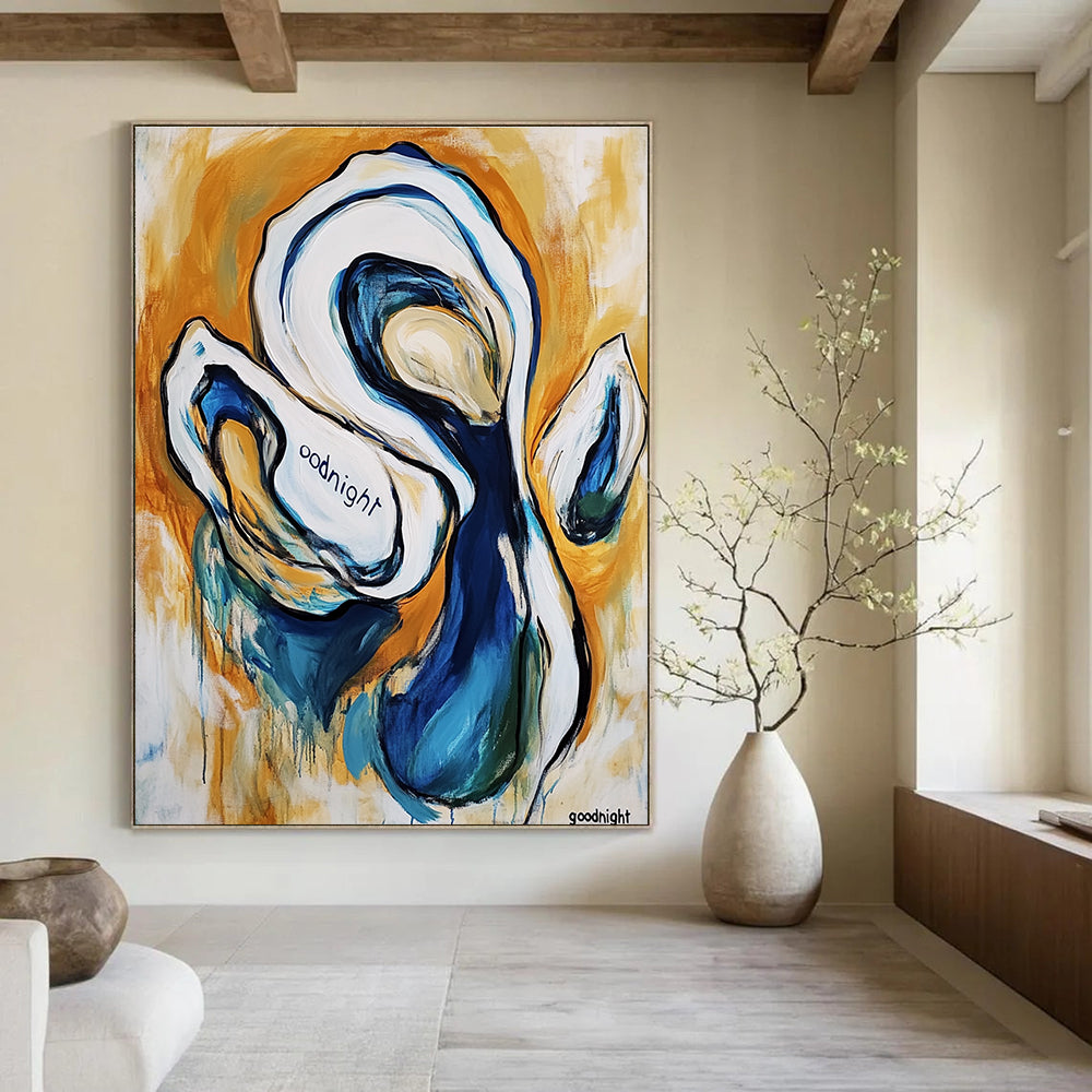 Large abstract painting of an oyster featuring the word goodnight in white and blue warm colors thick brush strokes and joyful scenes of dogs.STSC272