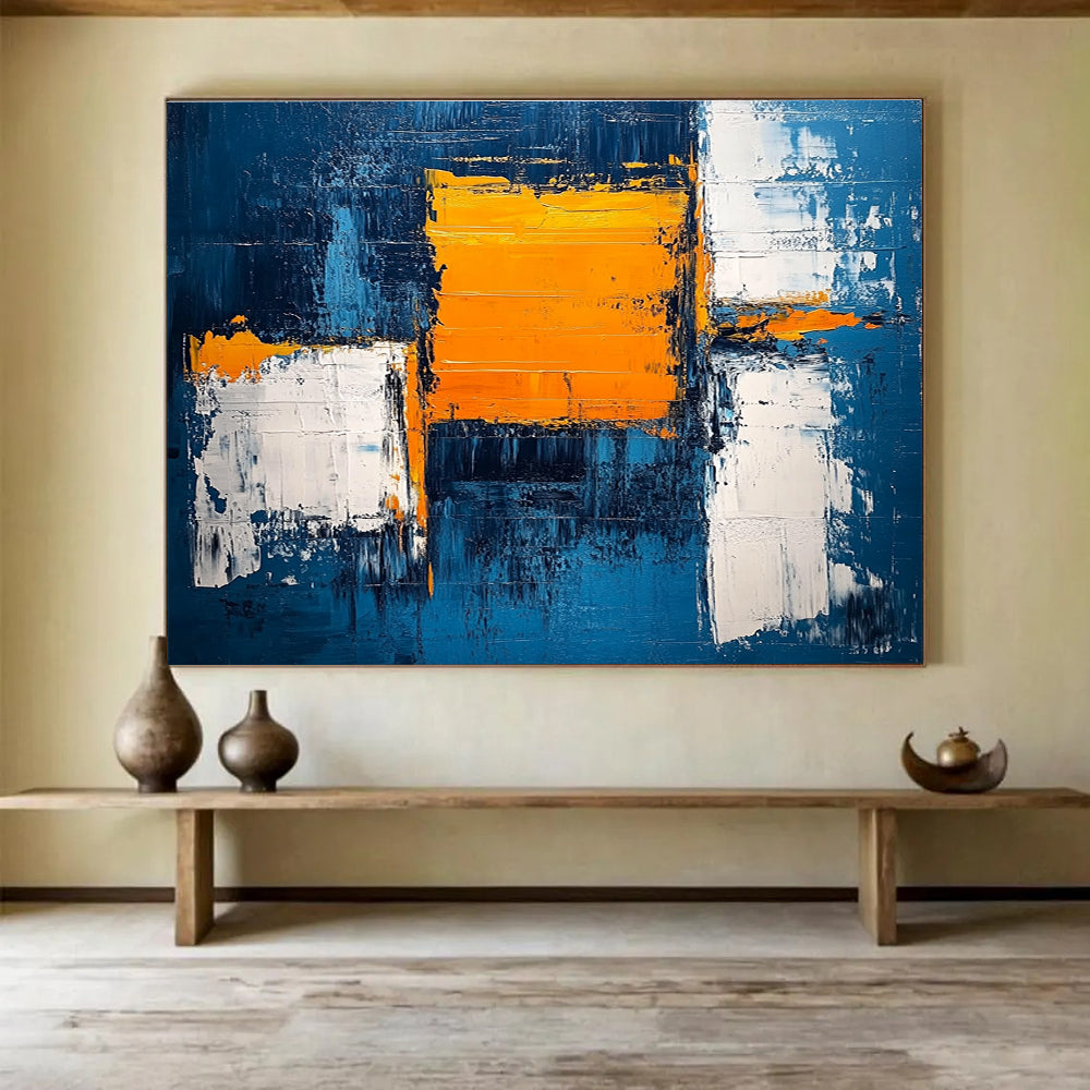 Blue and Orange Abstract Painting with Textured Color Blocks DYP382