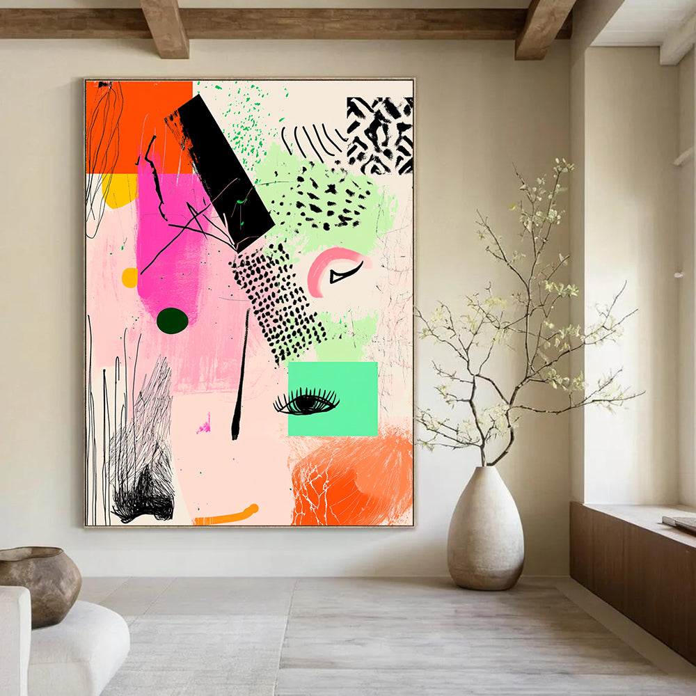 Large abstract artwork featuring pink and green shapes with geometric line art and black ink illustrations on a warm light orange background.STSC982