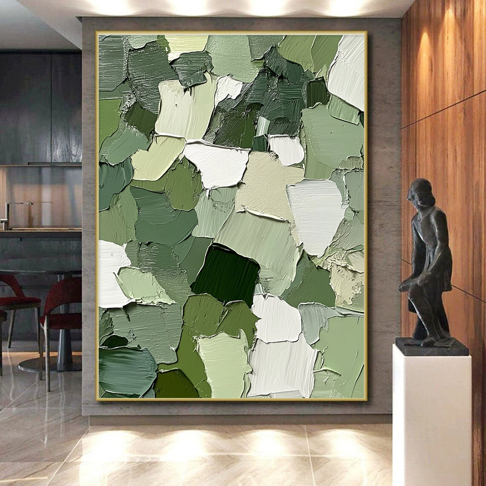 Green and White Patchwork Abstract Painting with Thick Brushstrokes GER043