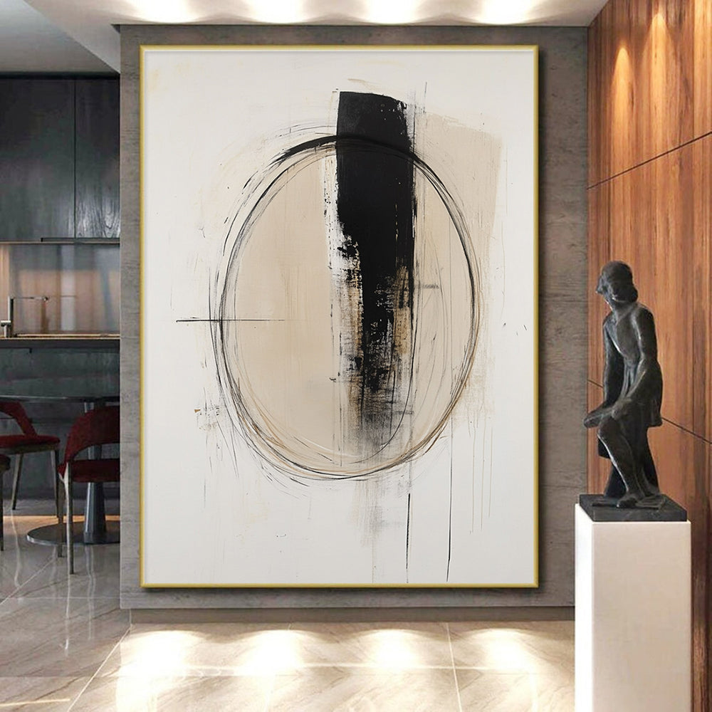 Beige Black Abstract Painting with Minimalist Circles GER784