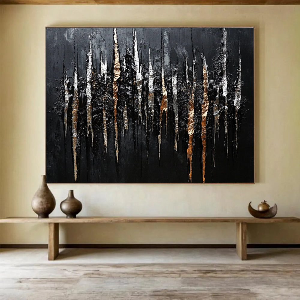 Large abstract painting featuring shiny metallic streaks of silver and bronze on a black background creating intricate organic patterns.SC019