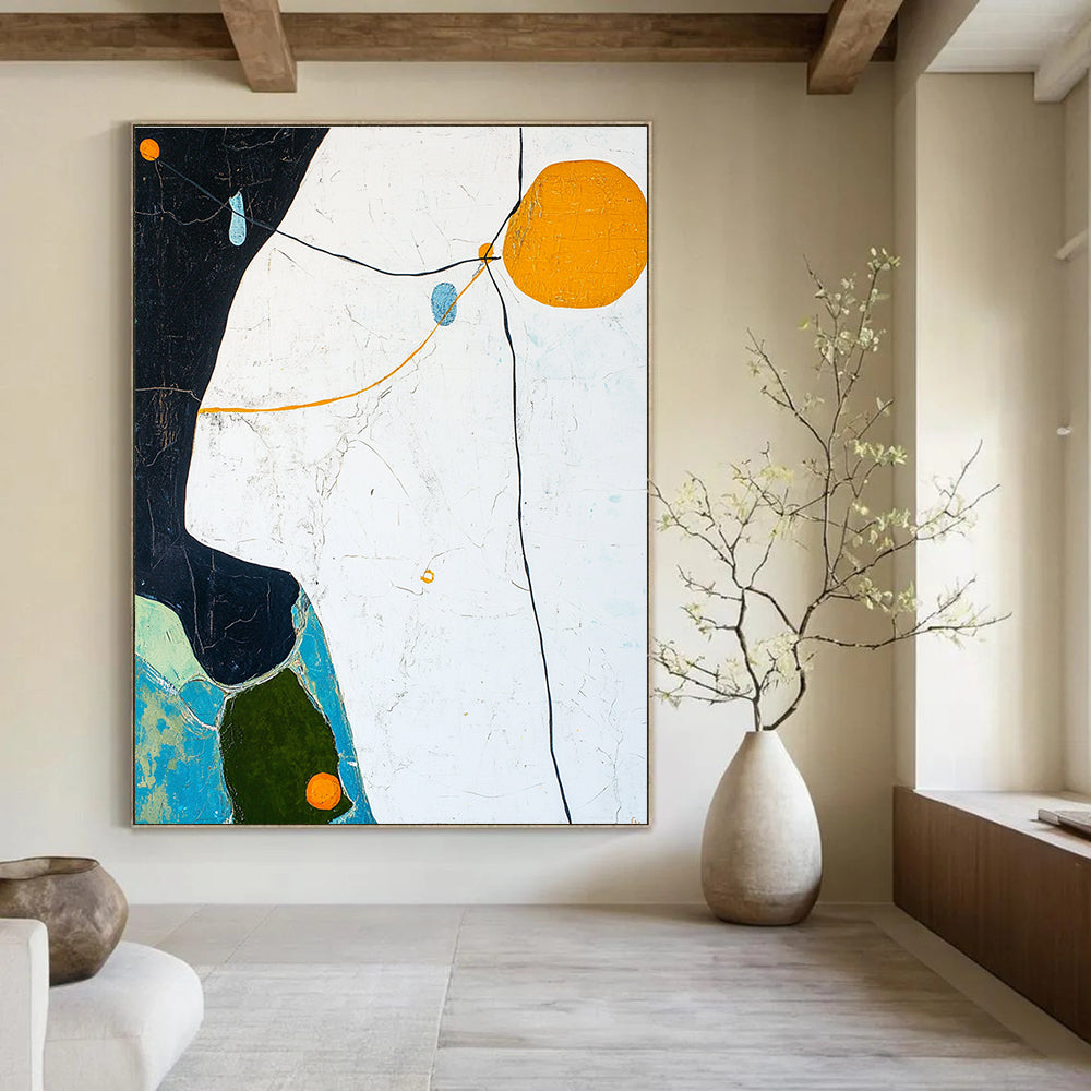 Large abstract painting featuring a white sky, light blue and dark green lines, yellow outline, orange circle, and black edge shapes with detailed rocks and trees.STSC296