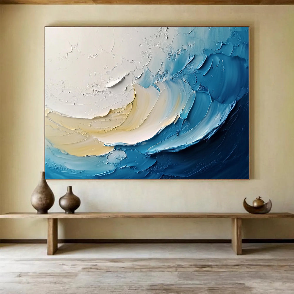 Textured Wave Abstract Painting with Blue and Beige Tones DYP526