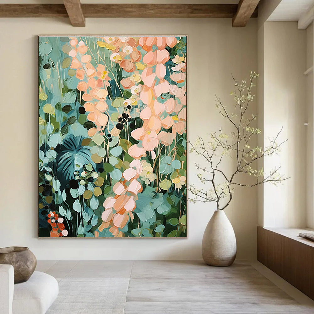 Dreamy Floral Abstract Painting with Light Blue and Peach Tones ADGE428