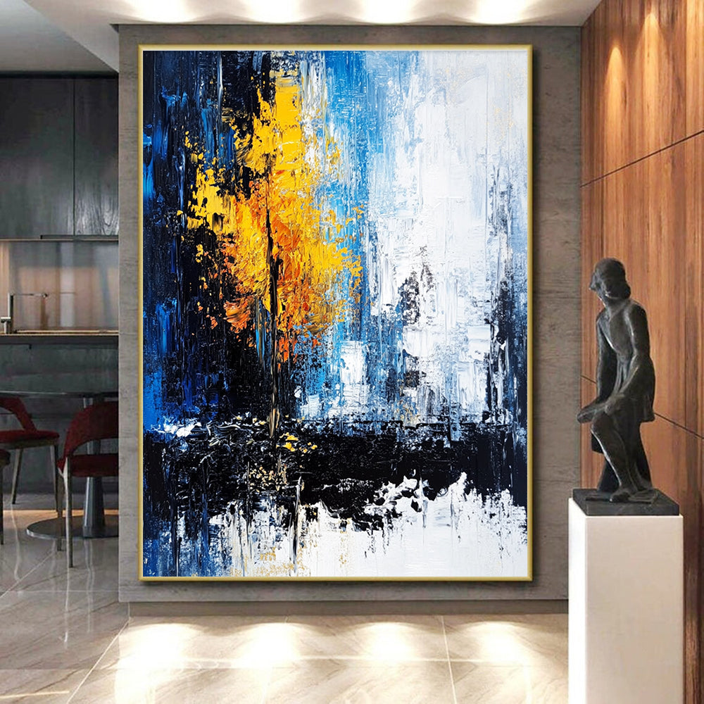 Blue and Yellow Abstract Painting with a Symbolic Tree GER398