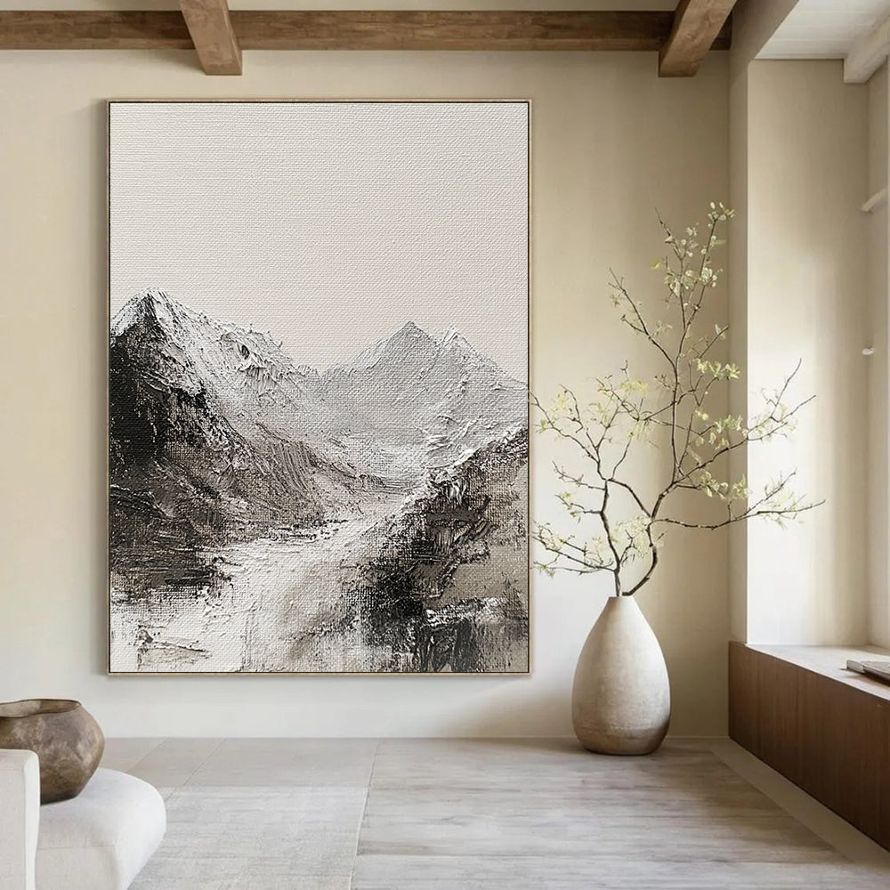 Large abstract painting of the English Lake District mountain range featuring textured canvas monochromatic gray and white oil paint abstract brush strokes.STSC642