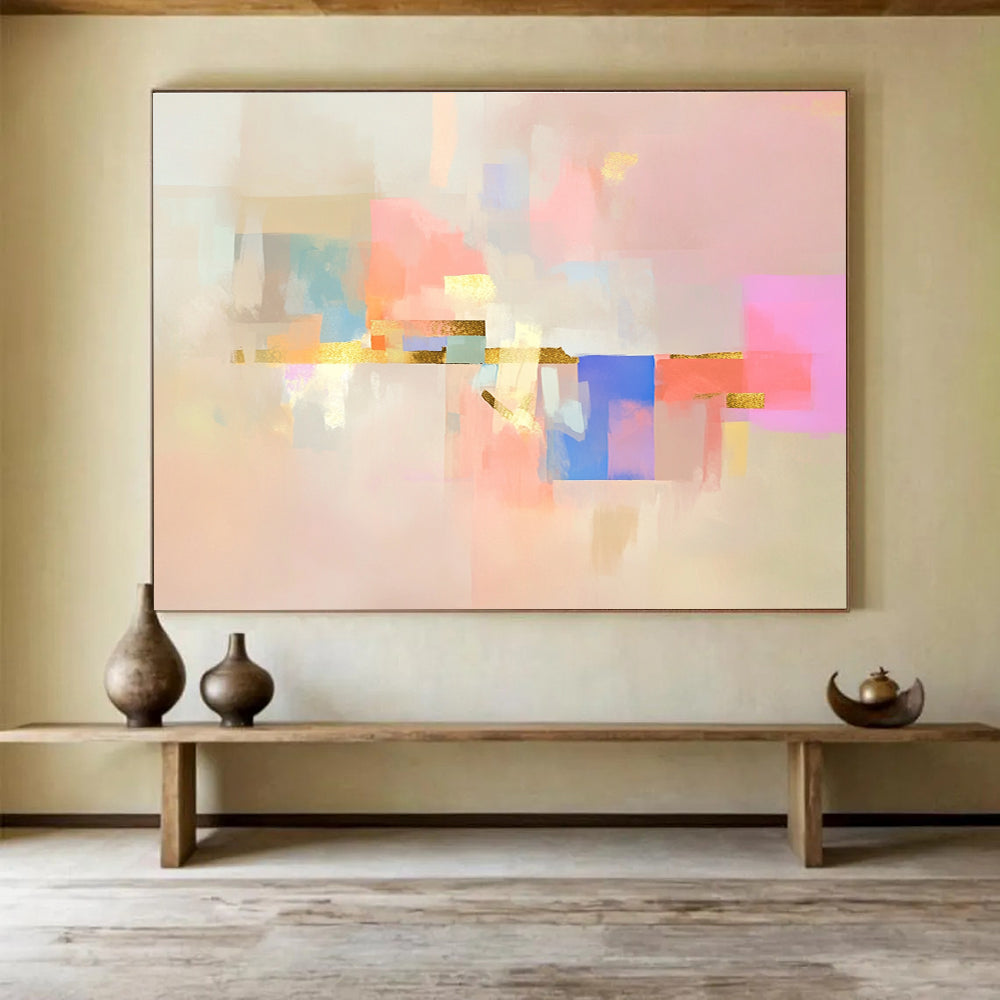 Abstract painting featuring soft shapes and pastel colors on a pink background with gold accents and minimalist design elements.SC043