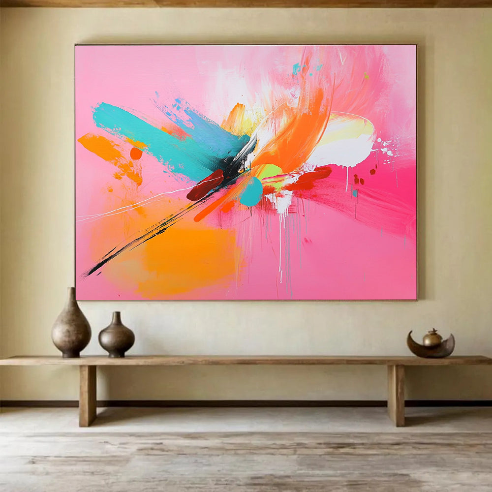 Vibrant Pink Abstract Painting with Bold Color Splashes DYP381