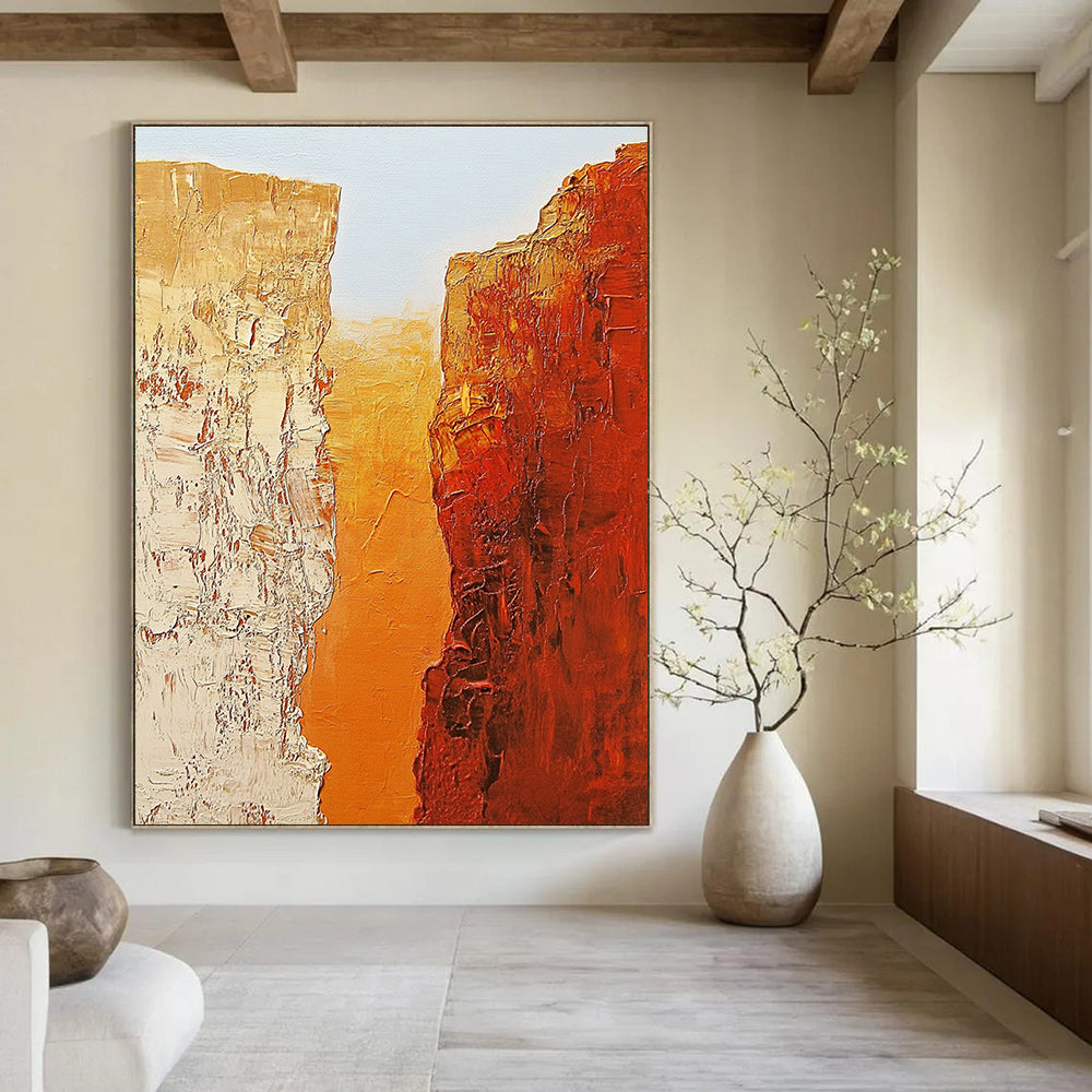 Abstract painting of two textured orange rocks symbolizing the Grand Canyon against a light blue sky in the style of Jean-Michel Basquiat.STSC713