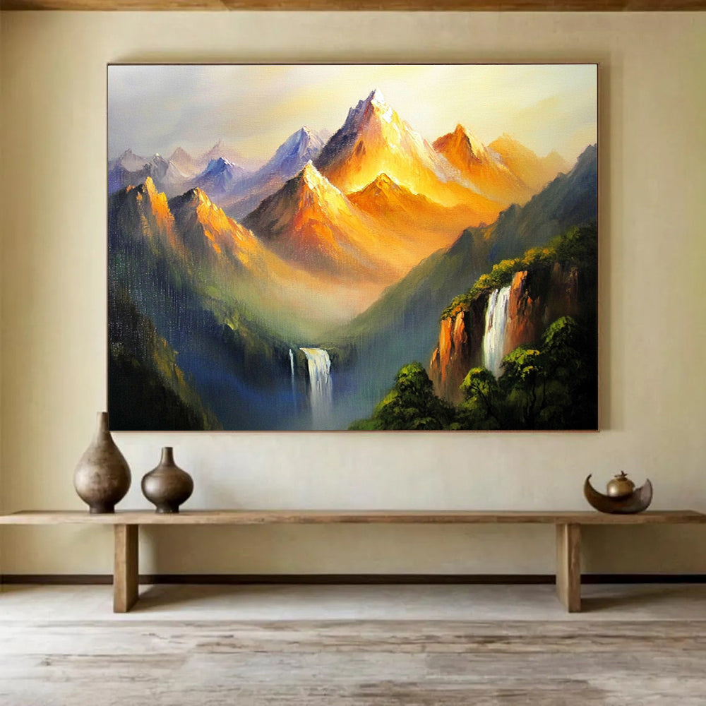 Golden Mountain Peaks Abstract Painting with Orange and Purple Tones DYP576