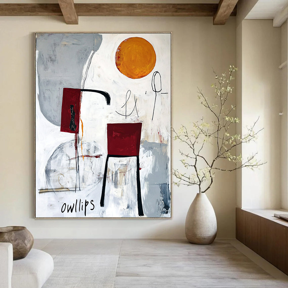 Abstract painting featuring white gray and red with moon chair legs orange circle black ink scribbles and hand drawn Owlips at the bottom.STSC828