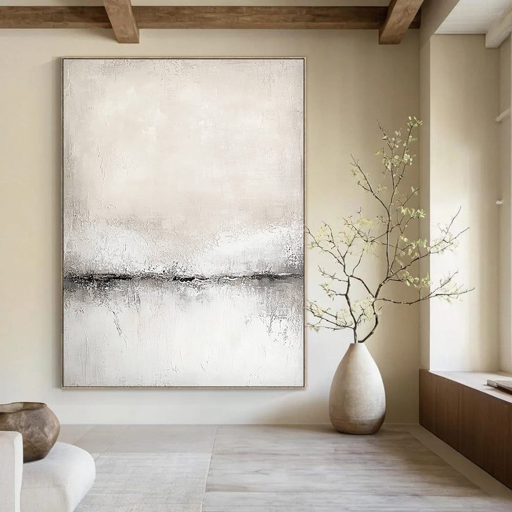 Abstract painting in white and grey tones with a soft textured canvas featuring a neutral color palette in a modern art style.STSC128