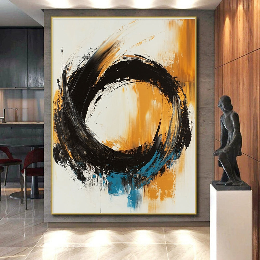 Black Orange Blue Abstract Painting with Dynamic Swirls GER767