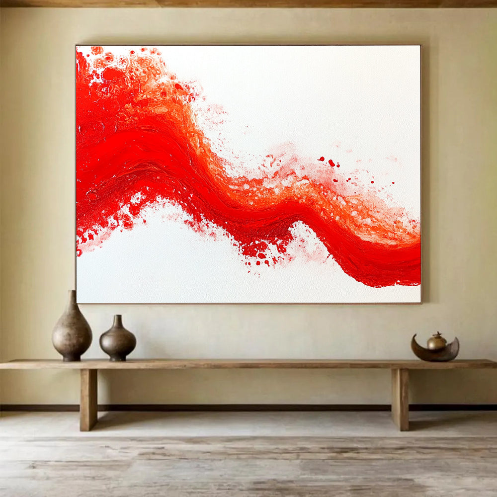 Red Wave on White Background Abstract Painting with Textured Brushstrokes DYP200