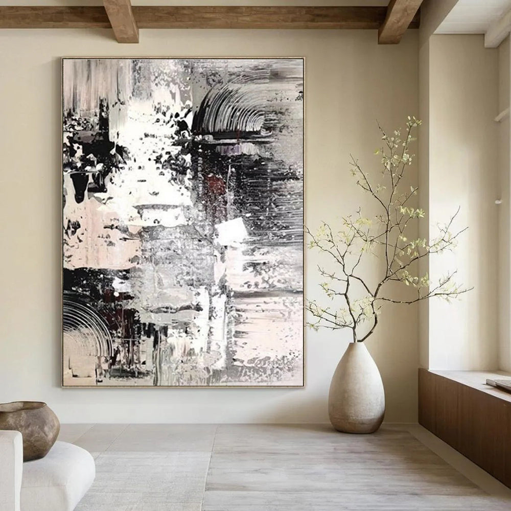 Monochrome Textured Abstract Painting with Layered Patterns ADGE392