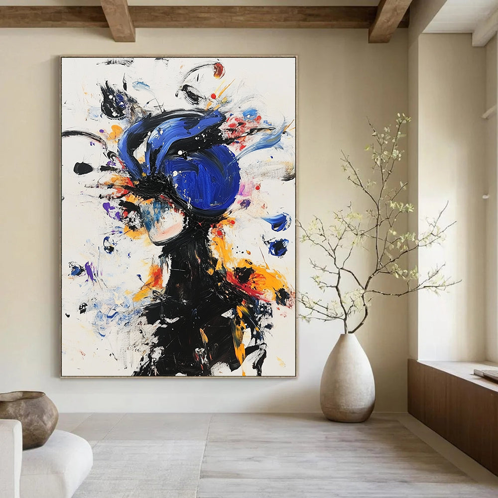 Large abstract painting featuring an anime character in a blue helmet and black outfit surrounded by colorful floating objects and expressive movements.STSC636