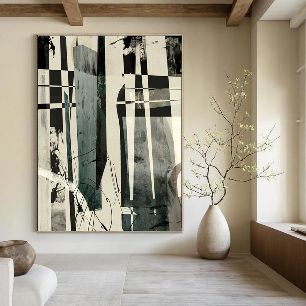 Checkered Abstract with Mixed Media and Dynamic Marks Painting ADGE218