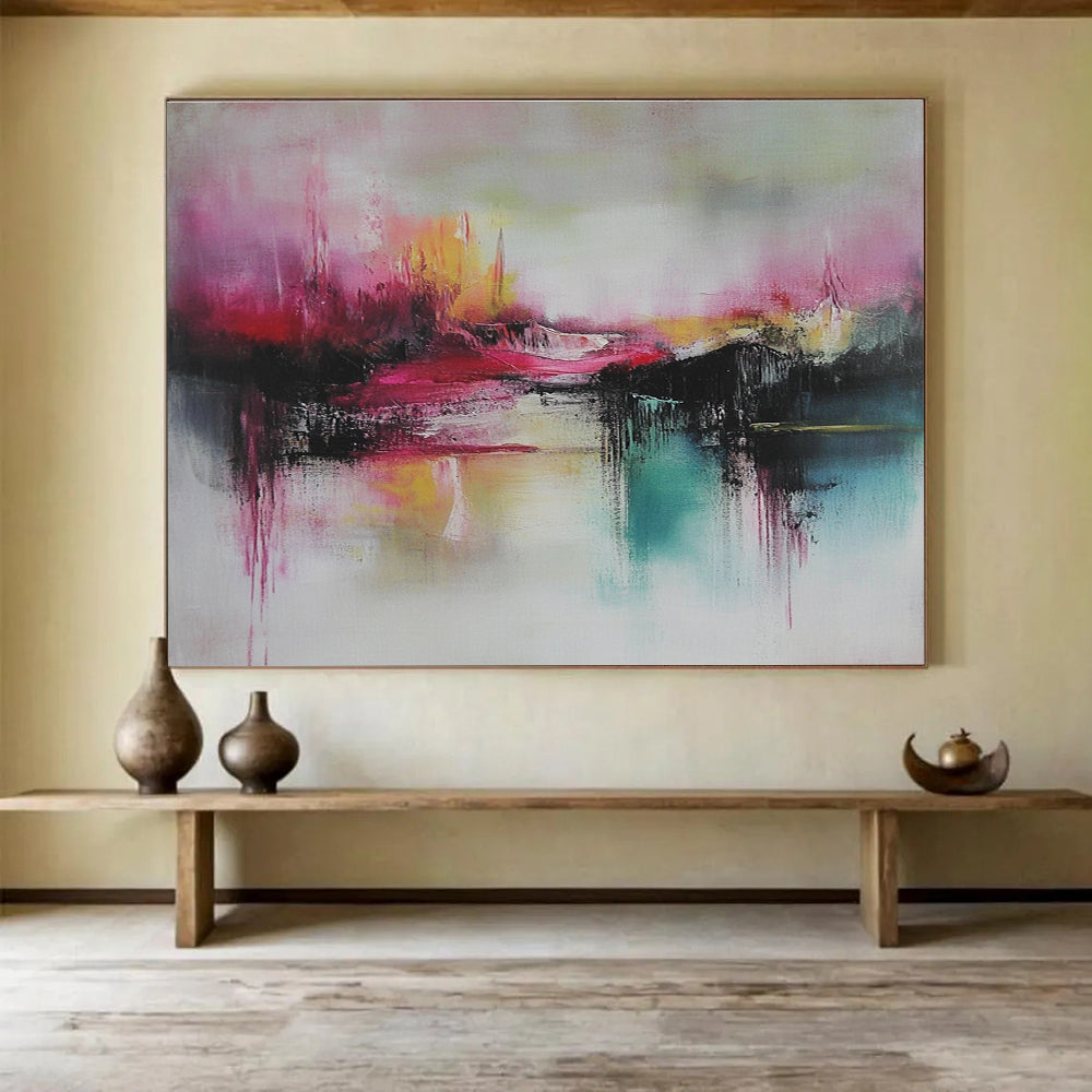 Large abstract painting featuring thick brush strokes in soft pink and teal with striking red accents for a captivating artistic touch.SC089