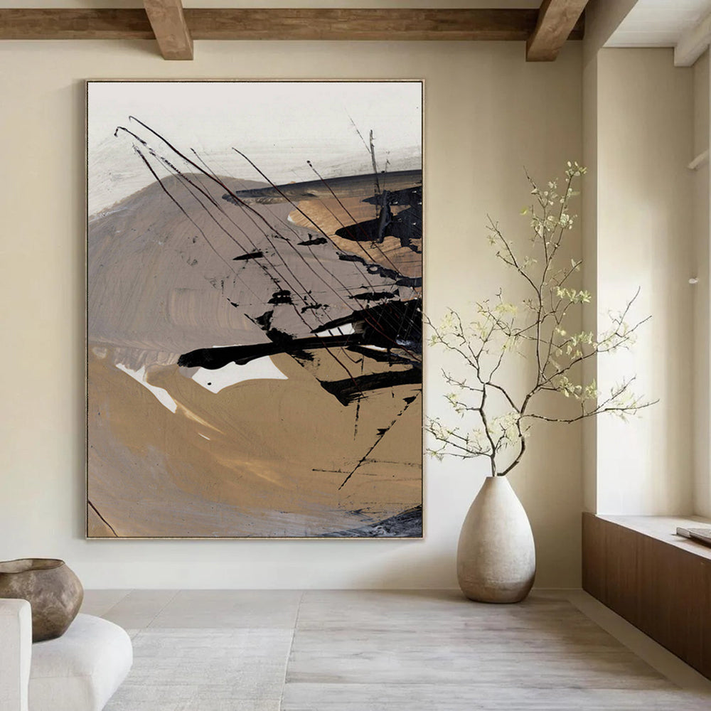 Earth - toned Abstract with Dynamic Black Lines Painting ADGE201