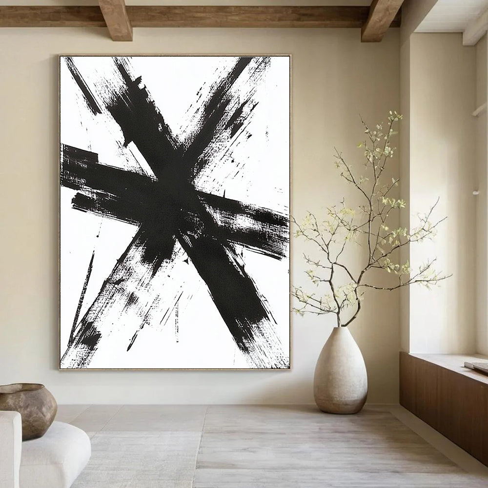 Large abstract artwork featuring thick messy black brush strokes forming a cross shape with detailed textures evoking emotions and energy.STSC1243