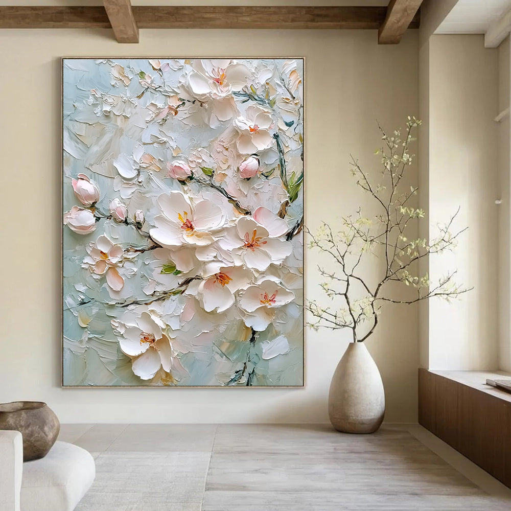 Large abstract painting of cherry blossoms in soft colors with intricate details and textural elements on a light gray background.STSC1364