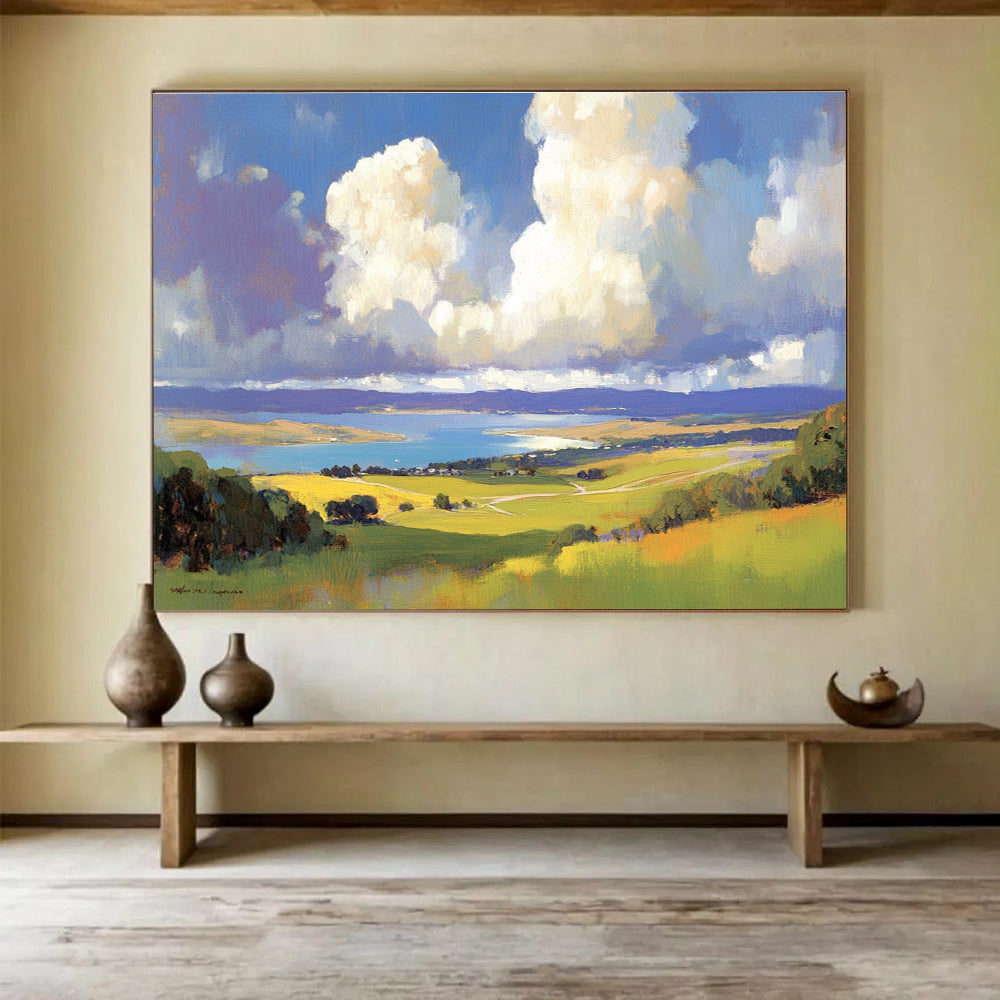 Scenic Landscape View Abstract Painting with Blue Green and Yellow Tones DYP581