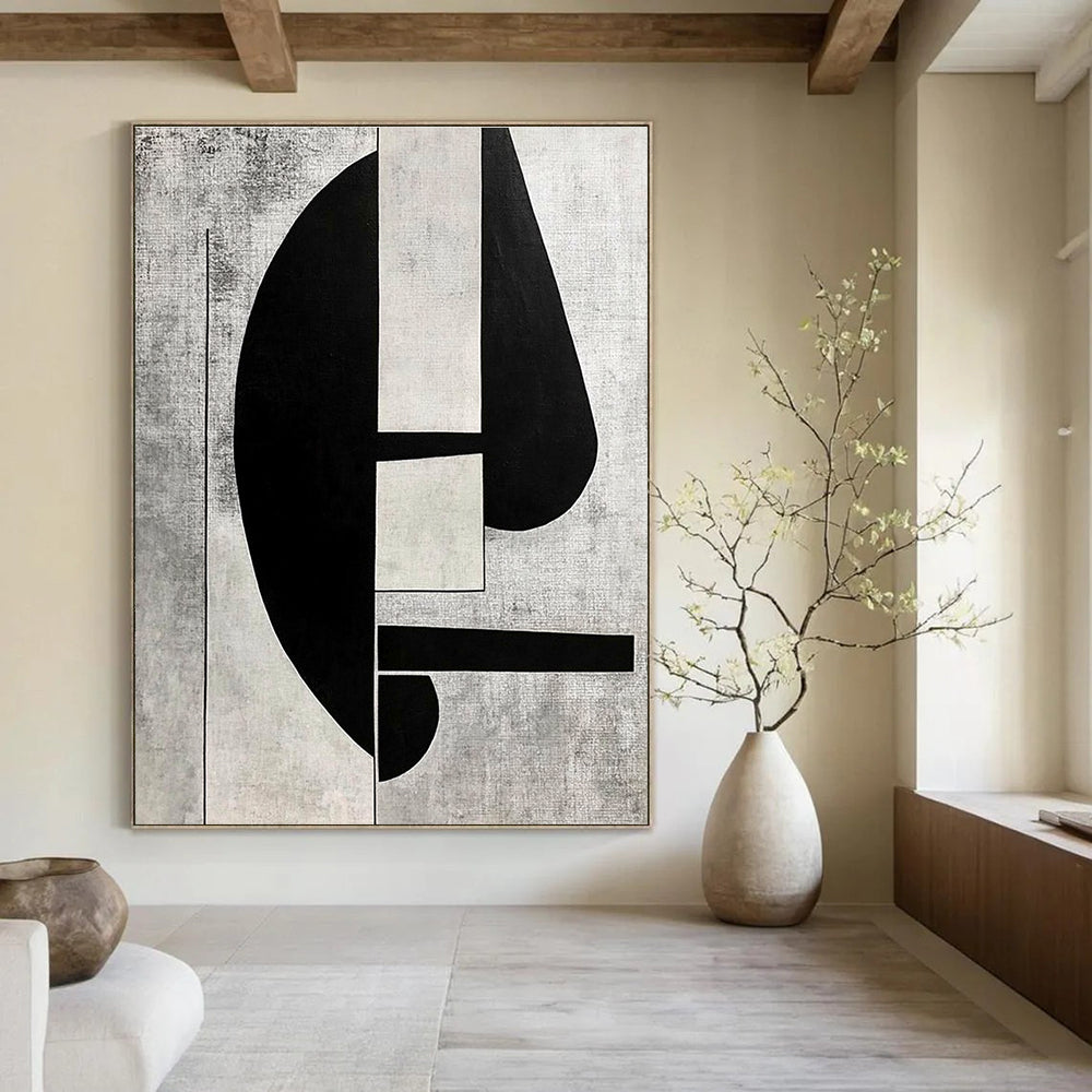 Large abstract painting in black and white on grey background featuring cubism elements and minimalistic retrofuturist style inspired by 1930s art.STSC465