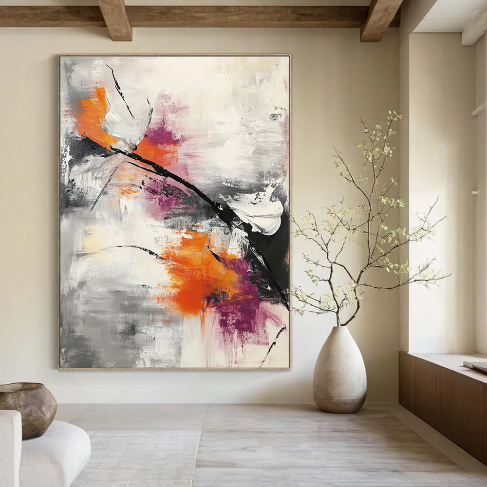 Large abstract painting featuring thick brushstrokes and splashes in gray white orange and pink with dynamic movement and modern depth.STSC817