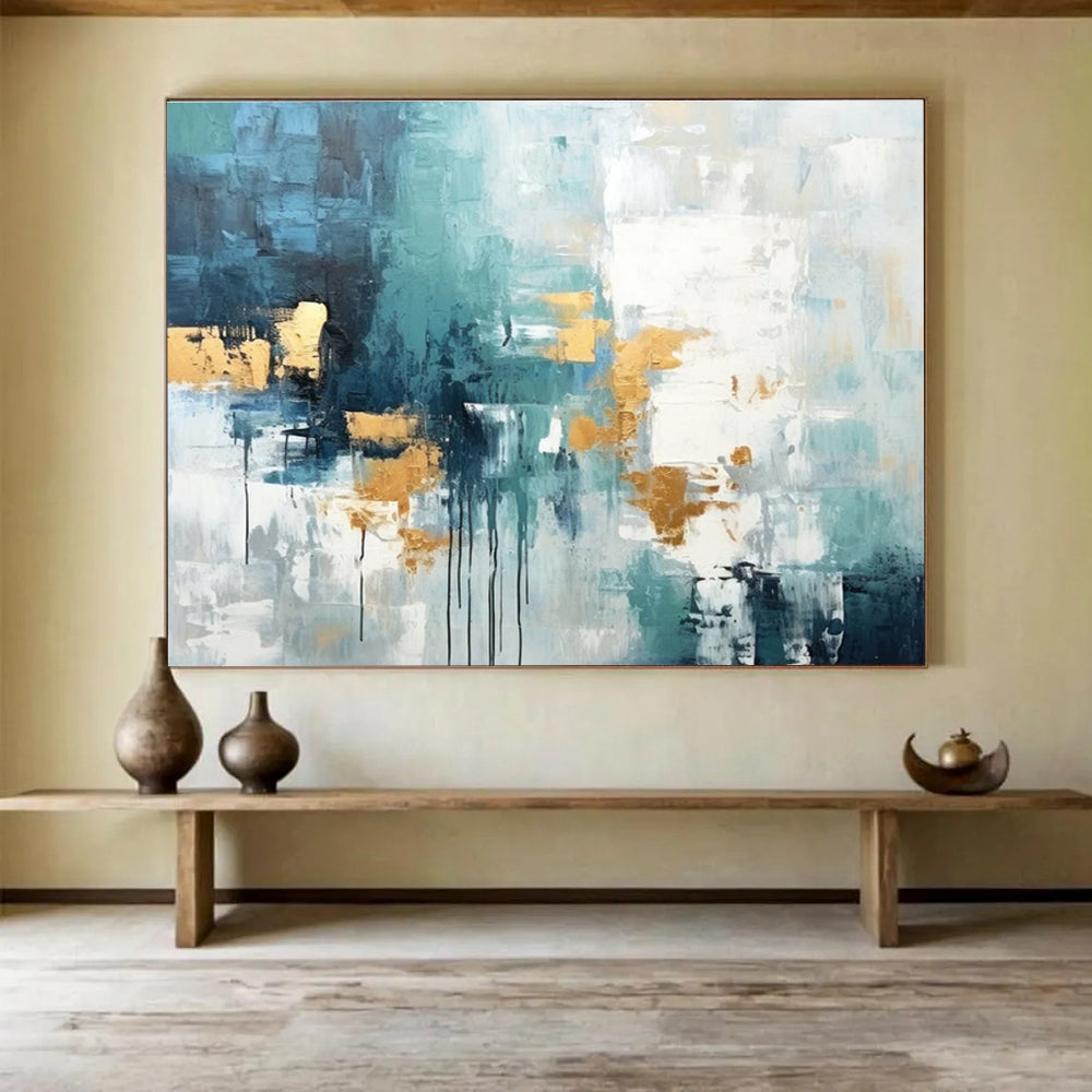 Teal Grey Gold Abstract Painting THY072