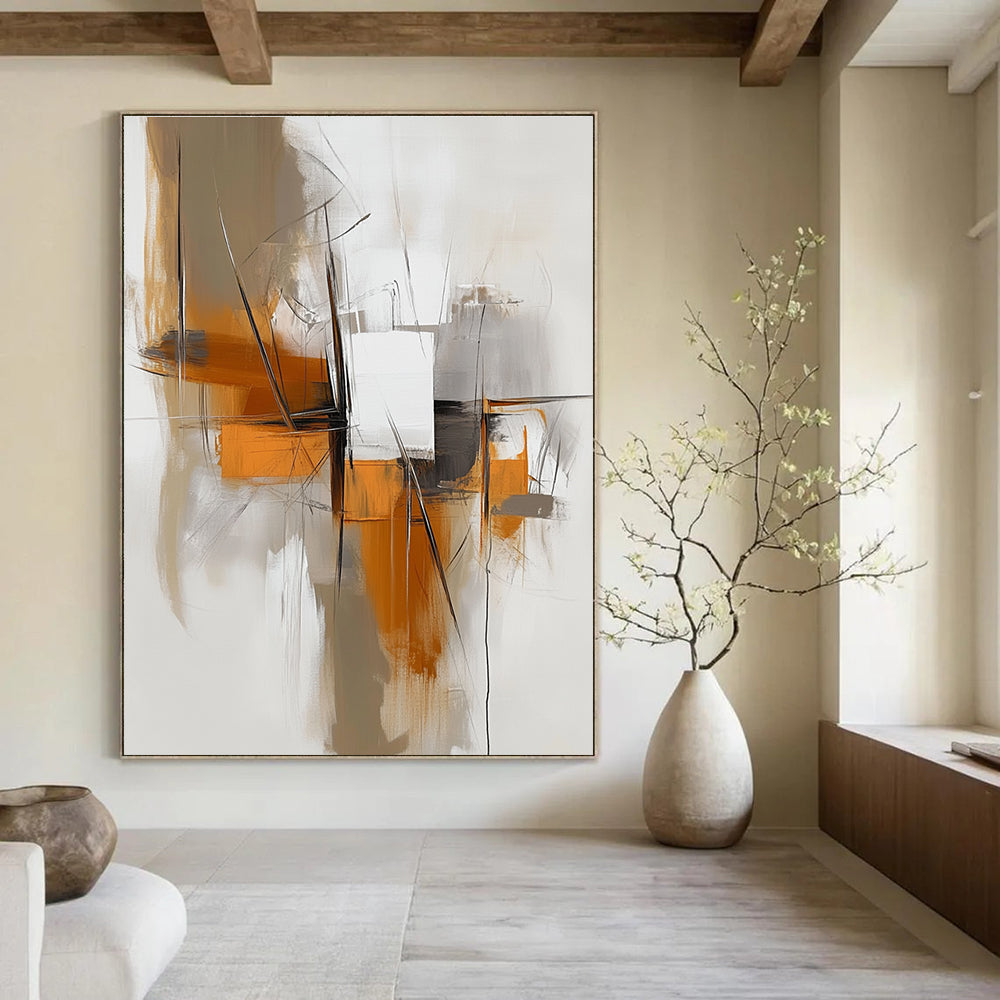 Large abstract painting featuring white and orange tones with minimalist lines in beige and grey creating a calming flow.STSC842