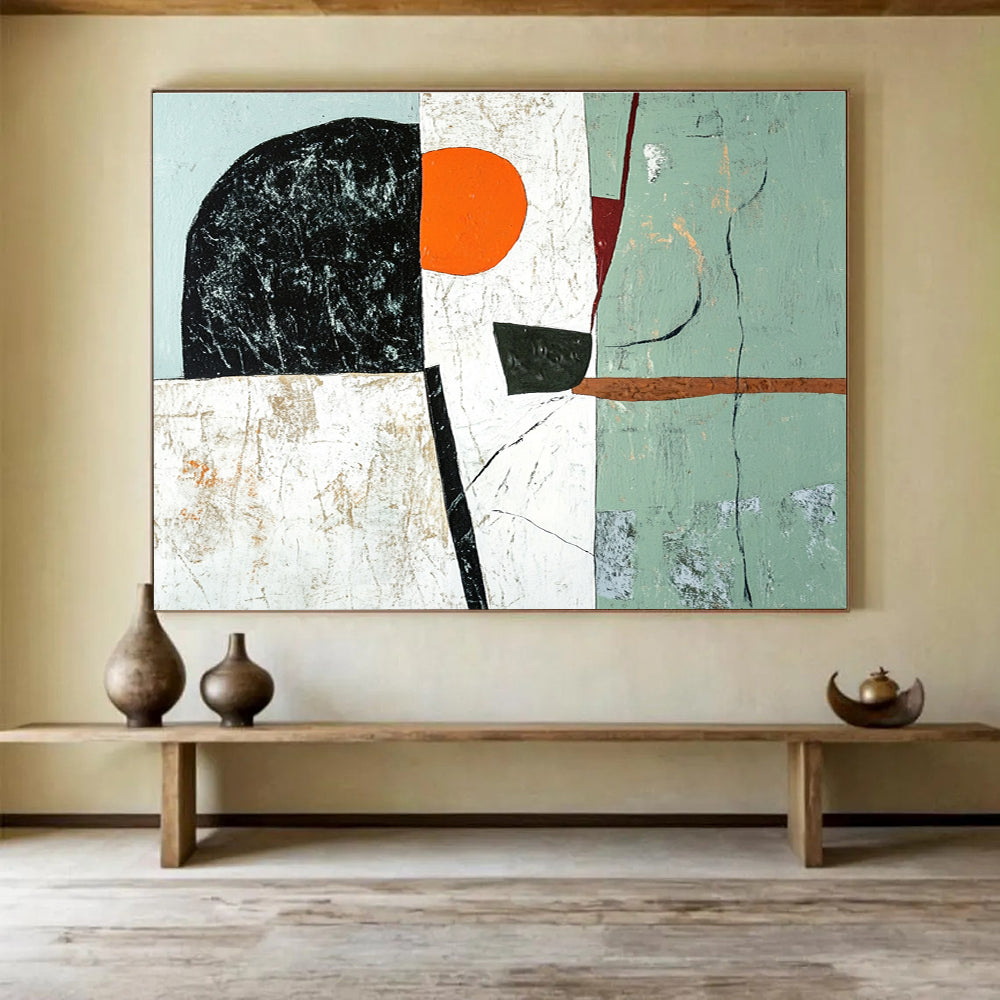 Large abstract painting featuring green black and white shapes with an orange accent and a brown line on a light gray and pale blue background.SC192