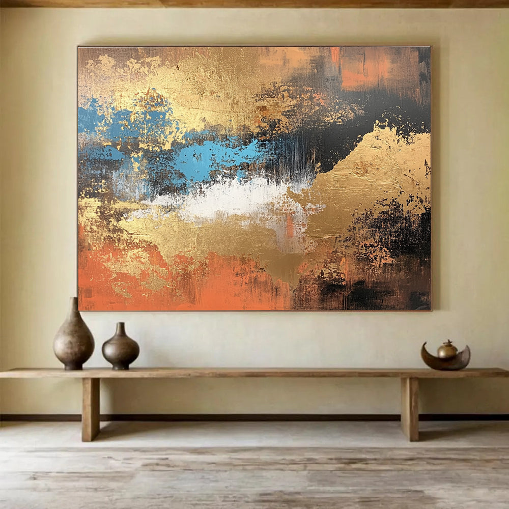 Gold Blue and Orange Abstract Painting with Rich Metallic Accents DYP251