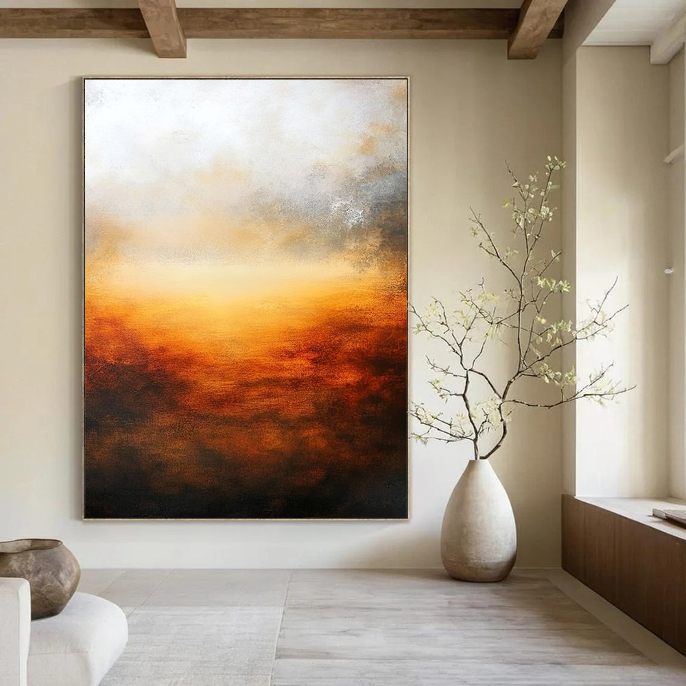 Large abstract oil painting featuring atmospheric sunset in muted earth tones and deep orange with a serene minimalist composition.STSC585