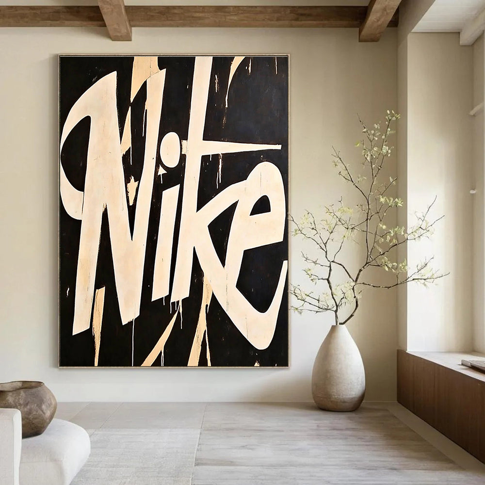 A large abstract painting featuring the word Nike in white on a black background inspired by Matisse and Sciotti with minimalist design.STSC1139