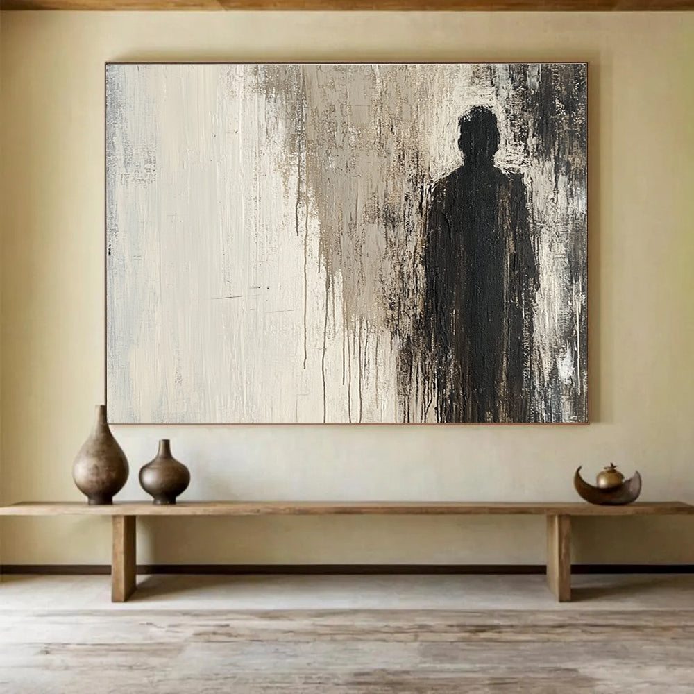 Large abstract grunge painting in neutral tones featuring a mysterious silhouette in a cracked surface evoking curiosity and unease.SC051